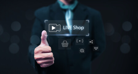 Live shop ecommerce store concept, sales marketing selling products online live on streaming...