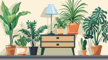 Drawer with houseplants and lamp Vector illustration.