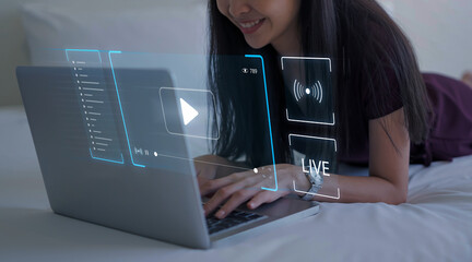 Content creator Live Streaming concept, interacting chatting with viewers on laptop live...