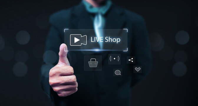 Live shop ecommerce store concept, sales marketing selling products online live on streaming platform, sales business person advertisement strategy with graphic icon.