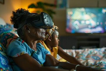 african american grandmother and grandchild bonding over vr gaming at home digital painting