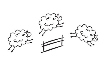 Doodle line cute sheep jumping over fence. Good night sleep poster. Counting sheep to fall asleep. 