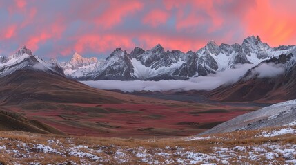   A mountain range backdrop with a rosy pink sky and clouds in the foreground Snow covers the ground, contrasted by green grass