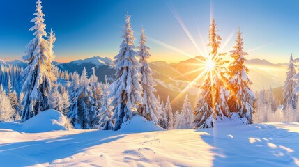   The sun shines brightly through the snow-covered trees on the mountainside Snow-covered trees populate the foreground, while snow-capped mountains stand tall in the background