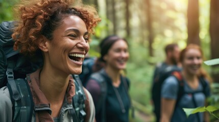 A joyful group of individuals wearing hats, hiking through the serene woods, smiling, and enjoying the natural landscape. AIG41