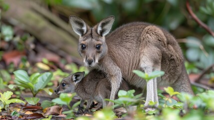   A tight shot of a kangaroo and its joey among grass and fallen leaves, surrounded by trees in the backdrop