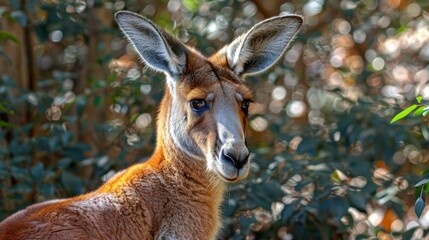 Obraz premium A tight shot of a kangaroo against blurred trees in the foreground, and blurred leaves as the backdrop