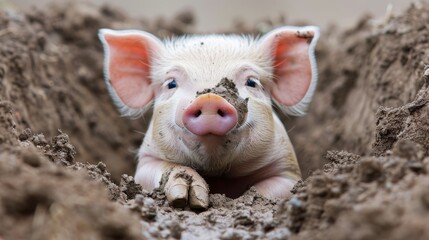   A small pig peeks out of a hole in the earth, its snout and tongue extending beyond the edge