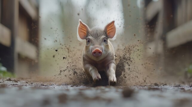   A tiny pig splashes through a mud puddle, its ears flapping in the breeze before a building
