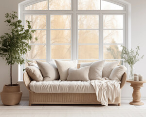 A modern living room with a large wicker sofa plants and a small table with candles