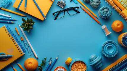 top view of the teacher's desk on which there are books, pens, glasses, a piece of paper, pencils,chalk ruler, pencil case, teacher's day background