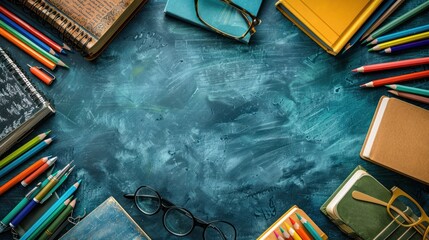 top view of the teacher's desk on which there are books, pens, glasses, a piece of paper, pencils,chalk ruler, pencil case, teacher's day background