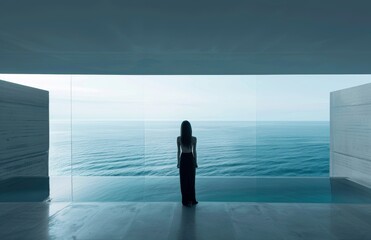 Fototapeta na wymiar a woman is standing in front of a large window overlooking the ocean