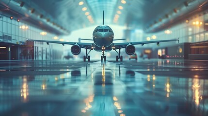 Business travel concept, calm and peaceful atmosphere with plane in focus and lights reflecting on...