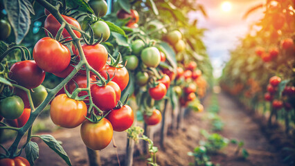 A vibrant display of ripe tomatoes hanging from lush bushes in a home farm’s vegetable garden. The image beautifully captures the bounty of nature and the joy of home gardening.