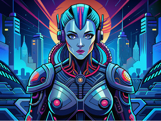 Cyborg girl in futuristic city. Vector illustration of cyborg girl.