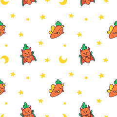 Kawaii carrot with funny faces. Seamless pattern. Cute cartoon happy food characters. Hand drawn style. Vector drawing. Design ornaments.