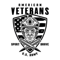 American veterans vector emblem with soldier head and two crossed bullets in monochrome black style isolated on white background