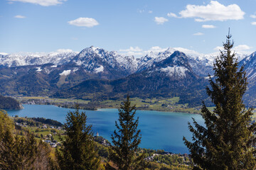 Lake Wolfgangsee, landscape with lake and mountains in Austria