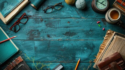 top view of the teacher's desk on which there are books, pens, glasses, a piece of paper, pencils,chalk ruler, pencil case, teacher's day background