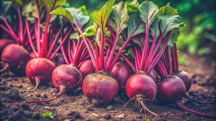 A vibrant display of ripe red beets nestled among lush green leaves in a home farm’s garden. The image beautifully captures the bounty of nature and the joy of home gardening. - Powered by Adobe