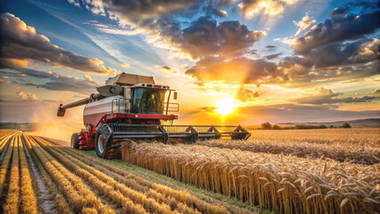Naklejka premium A combine harvester, bathed in the warm glow of the setting sun, reaps wheat in a sprawling field. The image beautifully captures the essence of harvest season.