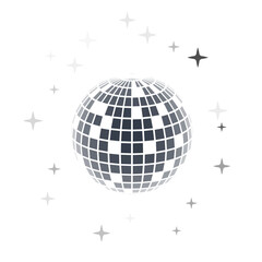 Disco ball vector in 3d style isolated on white background. Vector 3d disco ball background with stars and glitter. Music dance illustration.