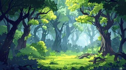 Green Forest Background, Showcasing The Lush Abundance Of Nature, Inviting Exploration And Discovery, Evoking Feelings Of Peace And Tranquility, Cartoon Background