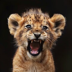   A close-up of a lion cub's face with its mouth agape