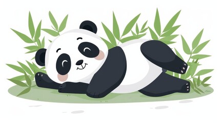 Fototapeta premium A black-and-white panda rests on the ground, surrounded by bamboo leaves It gazes at the camera, smiling