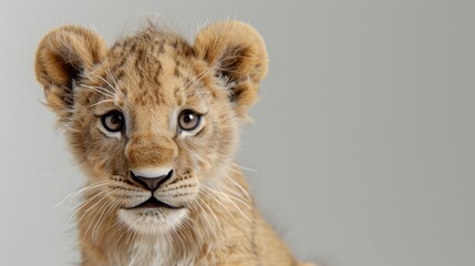   A tight shot of a mournful lion cub gazing into the camera