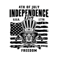 Independence day of USA vector emblem with uncle Sam head in monochrome black style isolated on white background