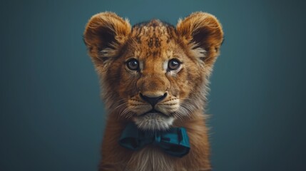   A tight shot of a young lion cub wearing a blue bow tie, gazing seriously at the camera