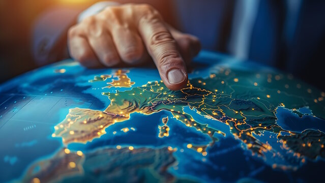 Businessman pointing at map of europe on globe. - Powered by Adobe
