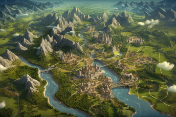 A birds-eye view of a city nestled within towering mountains, showcasing the urban area in a natural setting