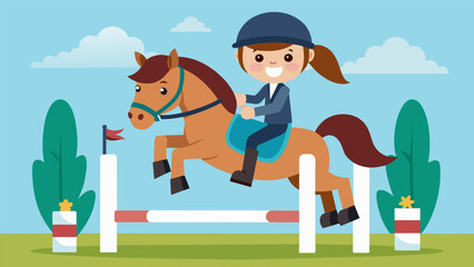 A young rider and her pony compete in a childrens show jumping class their bright smiles and determination evident as they conquer each jump.. Vector illustration