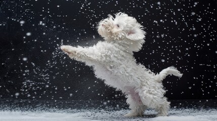   A small white dog stands on hind legs in the snow, front paws lifted
