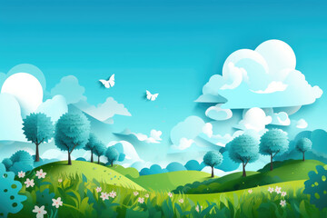 Obraz premium A painting depicting a green landscape filled with towering trees and fluffy clouds in the sky