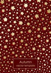 Vertical greeting card with many golden autumn leaves on dark red background. Fall of maple leaves, dense chaotic filling. Vector template with copy space for postcard, notebook or book cover design.