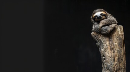   A brown-and-white sloth atop a wooden perch, its head reclined on another piece - Powered by Adobe