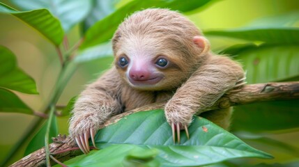 Fototapeta premium A smiling baby sloth atop a green leafy branch