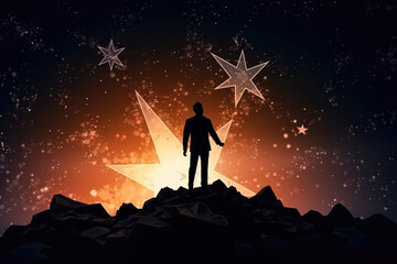 Fototapeta premium A man stands proudly at the top of a mountain, the star-filled sky casting a breathtaking backdrop behind him