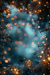 Beautiful fairy lights pattern with tree branches around the frame with blank center for background