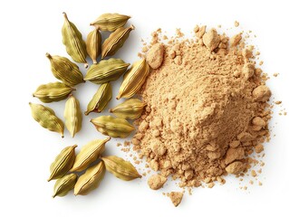 Green cardamom pods and ground cardamom powder isolated on white background.