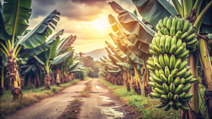 A captivating view of a banana grove, bathed in the warm glow of the setting sun. The image beautifully captures the essence of tropical agriculture and the abundance of a banana plantation.