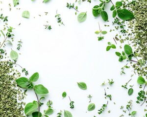 Various fresh and dried oregano, basil and thyme leaves and oregano flowers scattered on white background, top view, copy space.