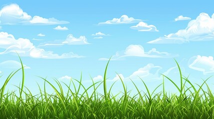Fototapeta premium Landscape View Of A Green Grass Field Against A Backdrop Of Clear Blue Skies, Imbuing The Scene With A Sense Of Openness And Freedom, Cartoon Background