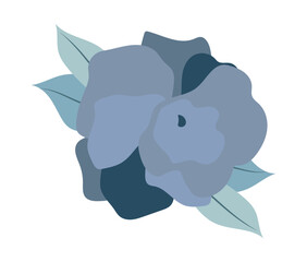 Abstract rose with blue petals in flat design. Blossom plant with leaves. Vector illustration isolated.