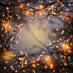 Beautiful fairy lights pattern with tree branches around the frame with blank center for background.