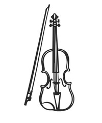 Hand drawn violin and bow. Black and white illustration.